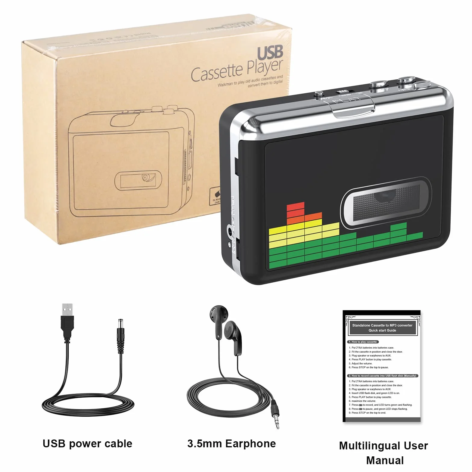 Convertidor de Casete Portátil a MP3 Digitalizador USB con Auriculares 3,5MM Rebobinado Automático