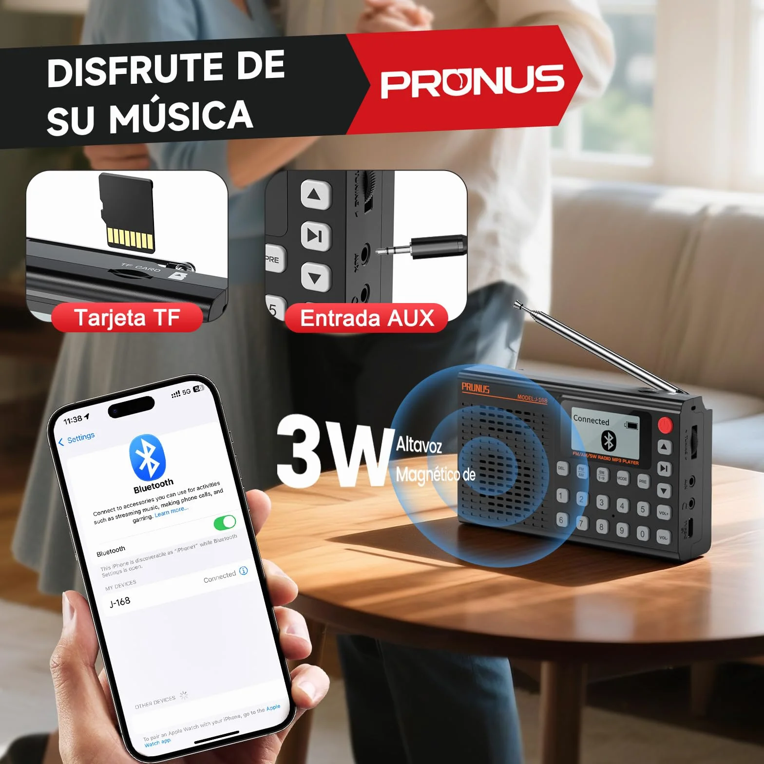 PRUNUS J-168 FM/Am/SW Radio Digital con Preajuste Manual, Radio Portatil Pequeña Recargable de 2000mah, Temporizador de Sueño, Excelente Recepción, Radios con Bluetooth 5.0, Reproductor de TF.
