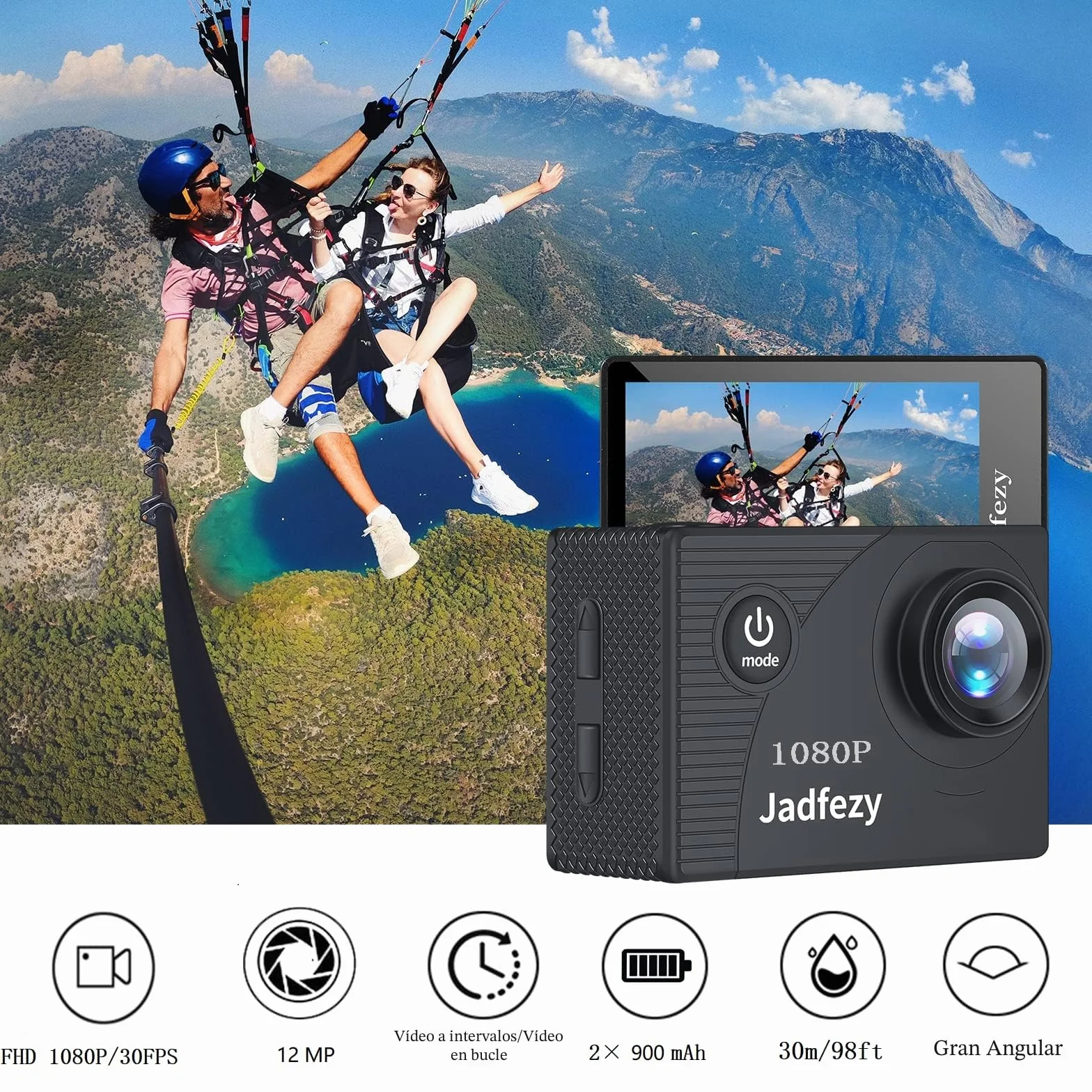 Cámara Deportiva HD 1080P 30M Subacuática 140° Gran Angular 2 Baterías 900mAh Kit Accesorios