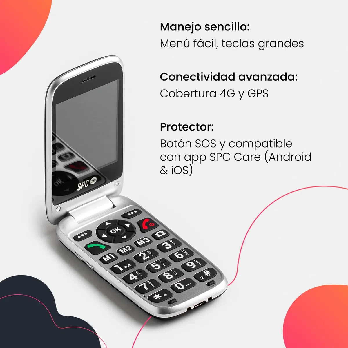 SPC Polaris - Teléfono 4G para Mayores con Teclas Grandes y botón SOS | Compatible con App gestión remota SPC Care (iOS & Android), localización GPS y alertas de Seguridad | Negro