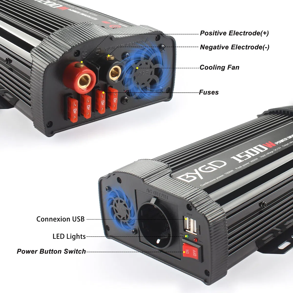 BYGD Inversor de Coche 1500W(Pico 3000W) 12V DC a 220V 230V AC convertidor con Adaptador de Cargador de Coche rápido USB Dual 3.1A para camión, de Camping, de Emergencia