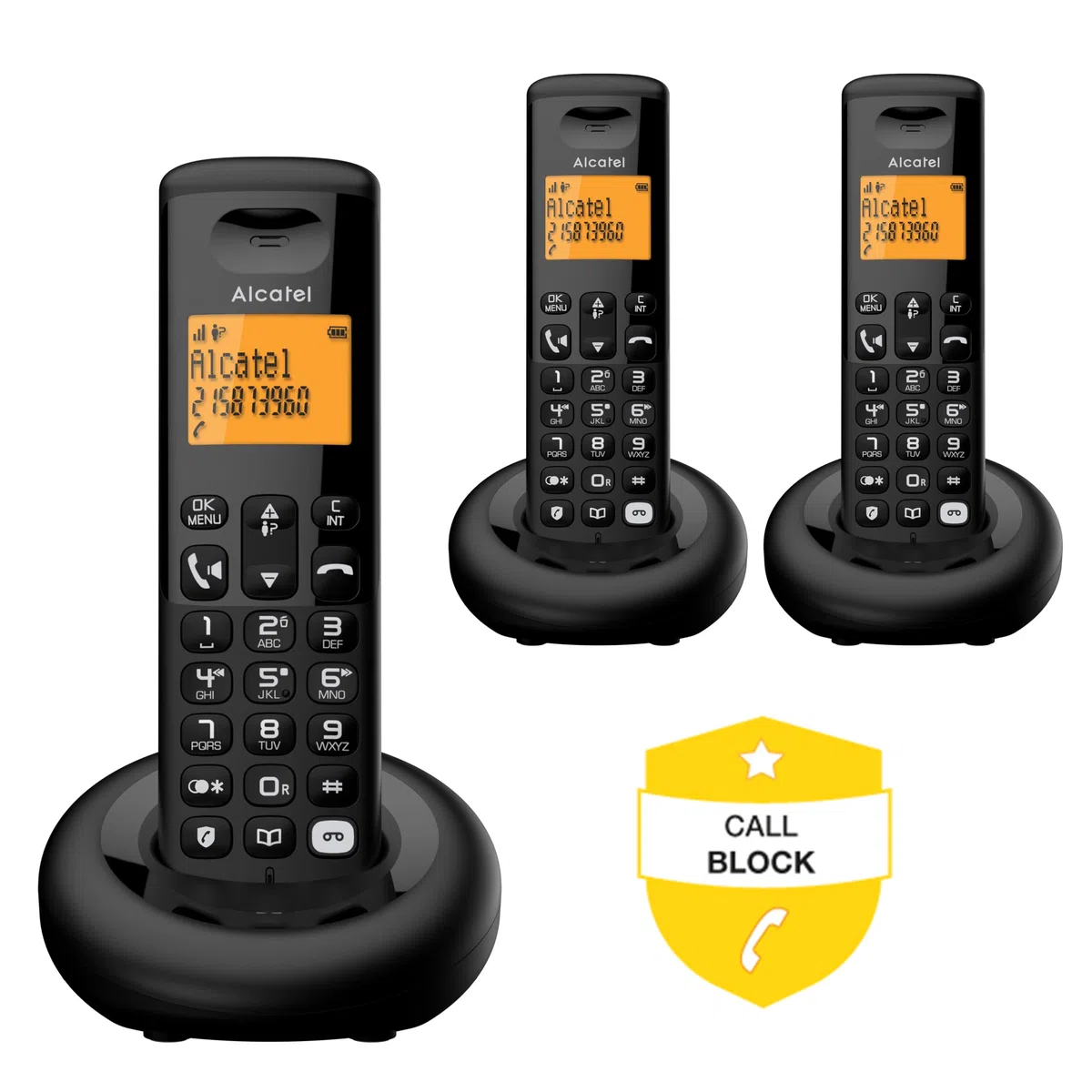 Alcatel E260 S.Voice Trio - Teléfono inalámbrico DECT con contestador con 3 teléfonos: diseño Compacto, Pantalla retroiluminada Grande, función Manos Libres, Bloqueo de Llamadas no deseadas