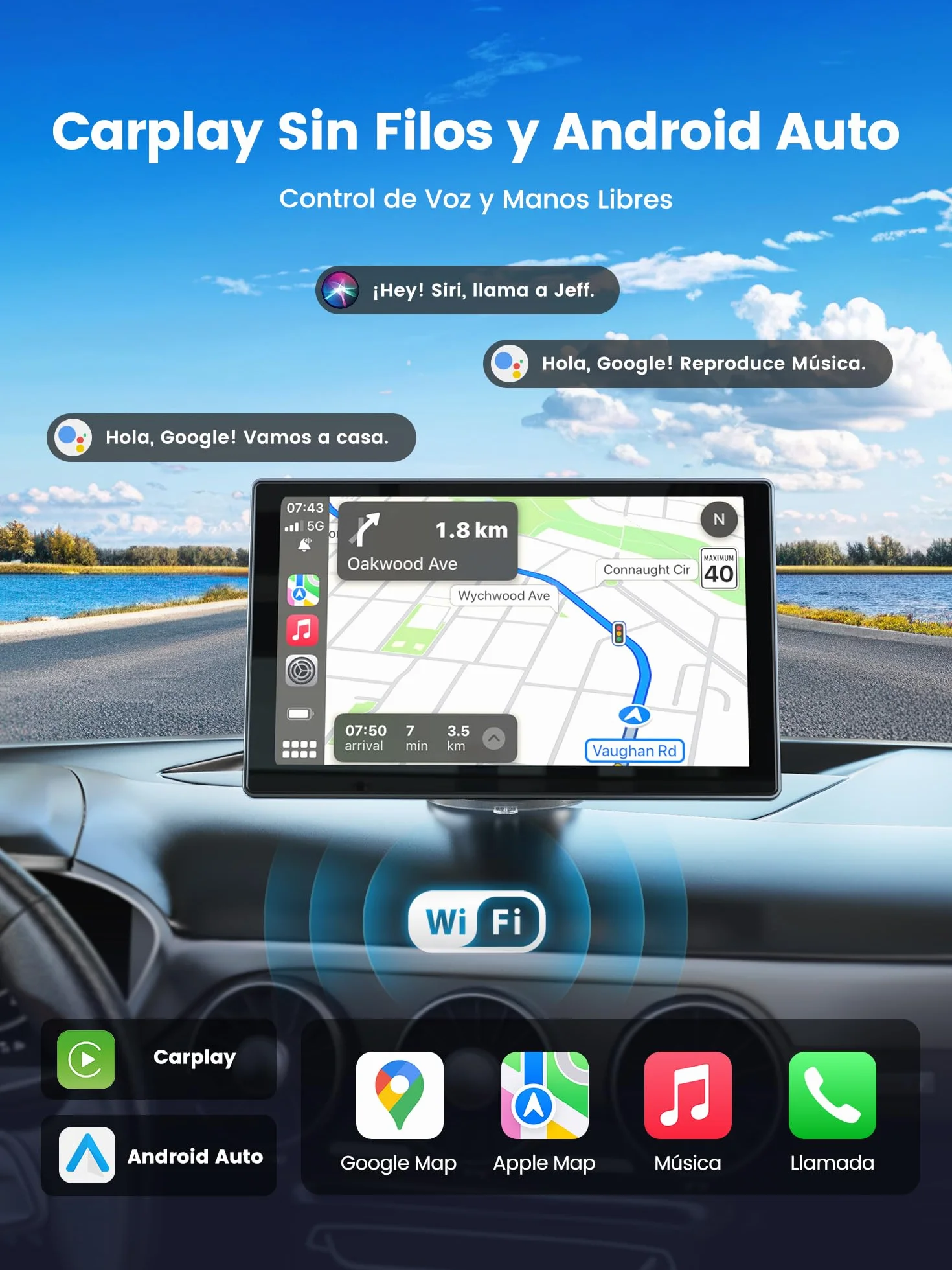 Jzones 9'' Pantalla Carplay Coche, Soporte CarPlay y Android Auto, Dash CAM 4K Integrada y Cámara Trasera 1080P, Navegador GPS/Bluetooth/Control por Voz/Mirror Link/FM, Incluye Tarjeta SD 64GB Gratis