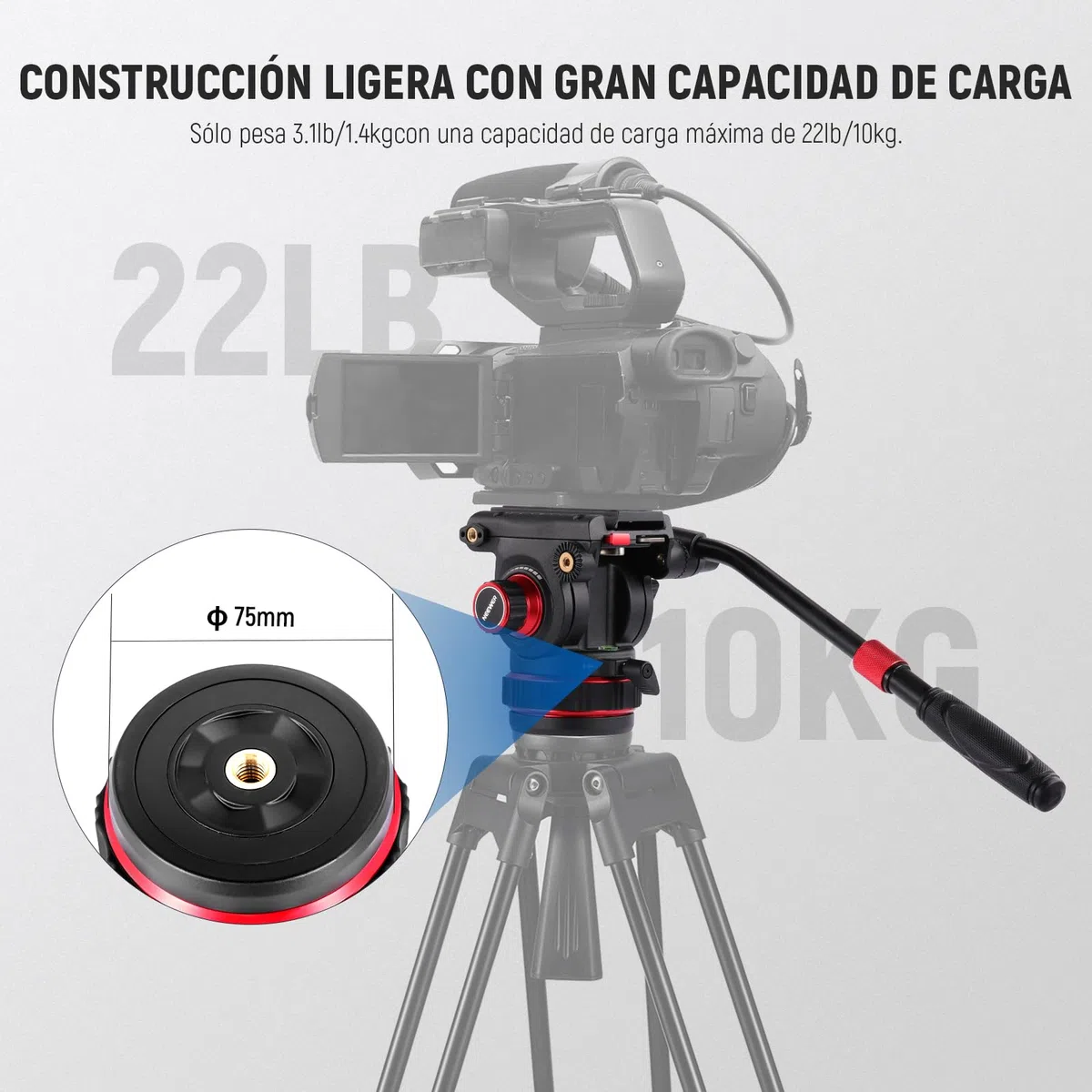 NEEWER Cabezal Fluido para Trípode de Video Resistente con Amortiguación, Placa de Liberación Rápida, Compatible con dji RS Gimbals, Mango Ajustable, Base de ⌀75mm, Carga Máxima 10kg, GM006