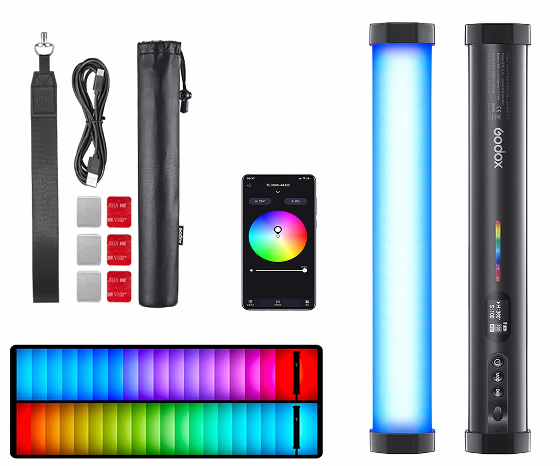 Godox TL30 RGB Tubo de luz LED 8W 2700K-6500K Batería de Litio incorporada Smartphone App Control (lámpara única)