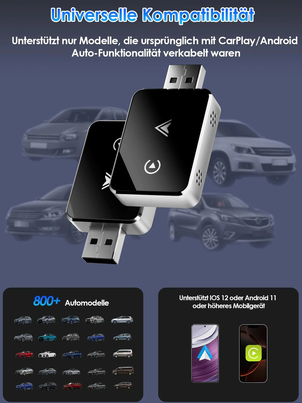 Adaptador Inalámbrico 2 en 1 para CarPlay/Android Auto, PARPAT 2025 Conversión Mejorada de Cable a Inalámbrico con USB/Tipo-C, Conexión Estable y Sin Retrasos, Compatible con iPhone/Android (K3)