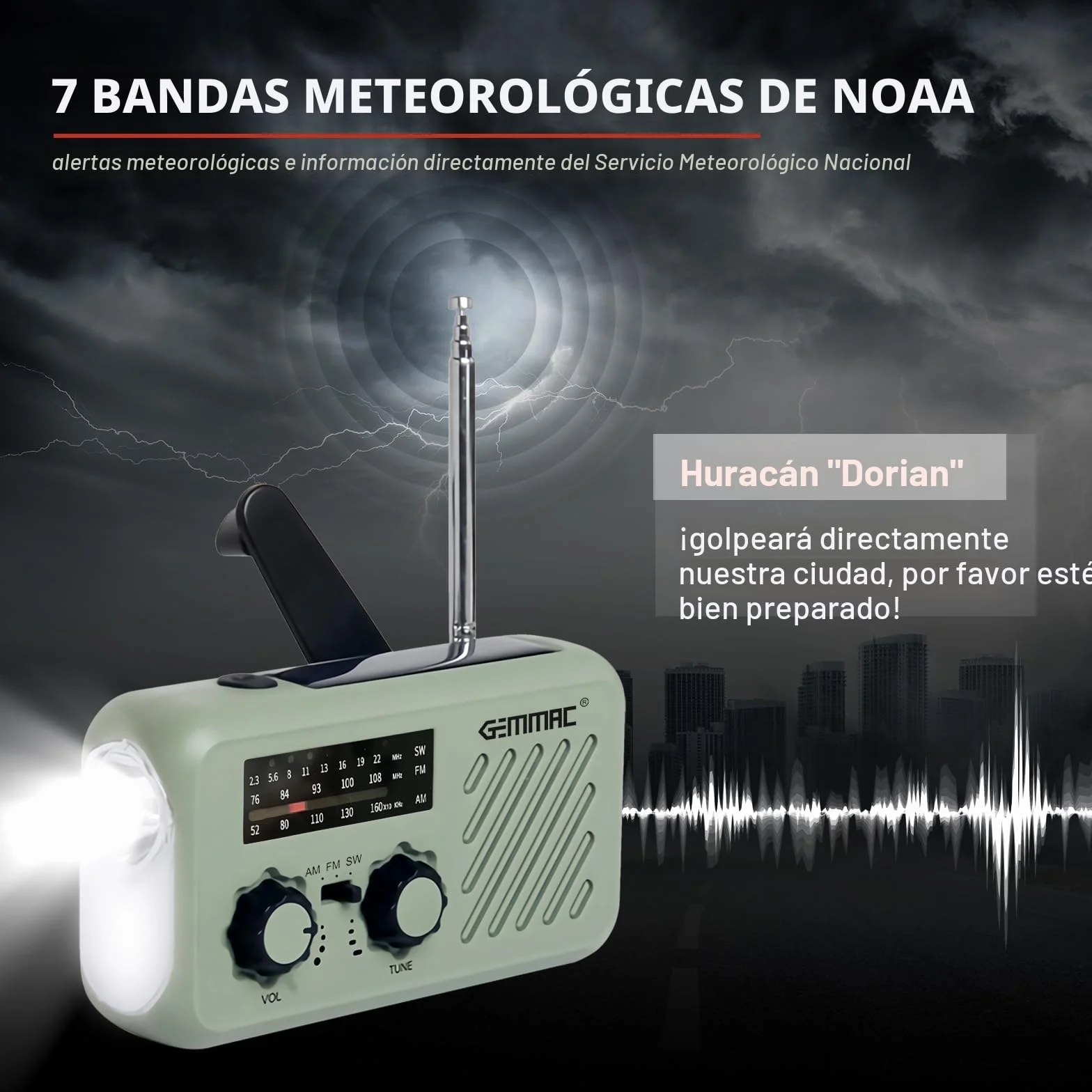 Emergency Radio Portátil Solar Recargable FM/AM Dinamo Manivela Linterna LED 2000mAh Powerbank SOS USB