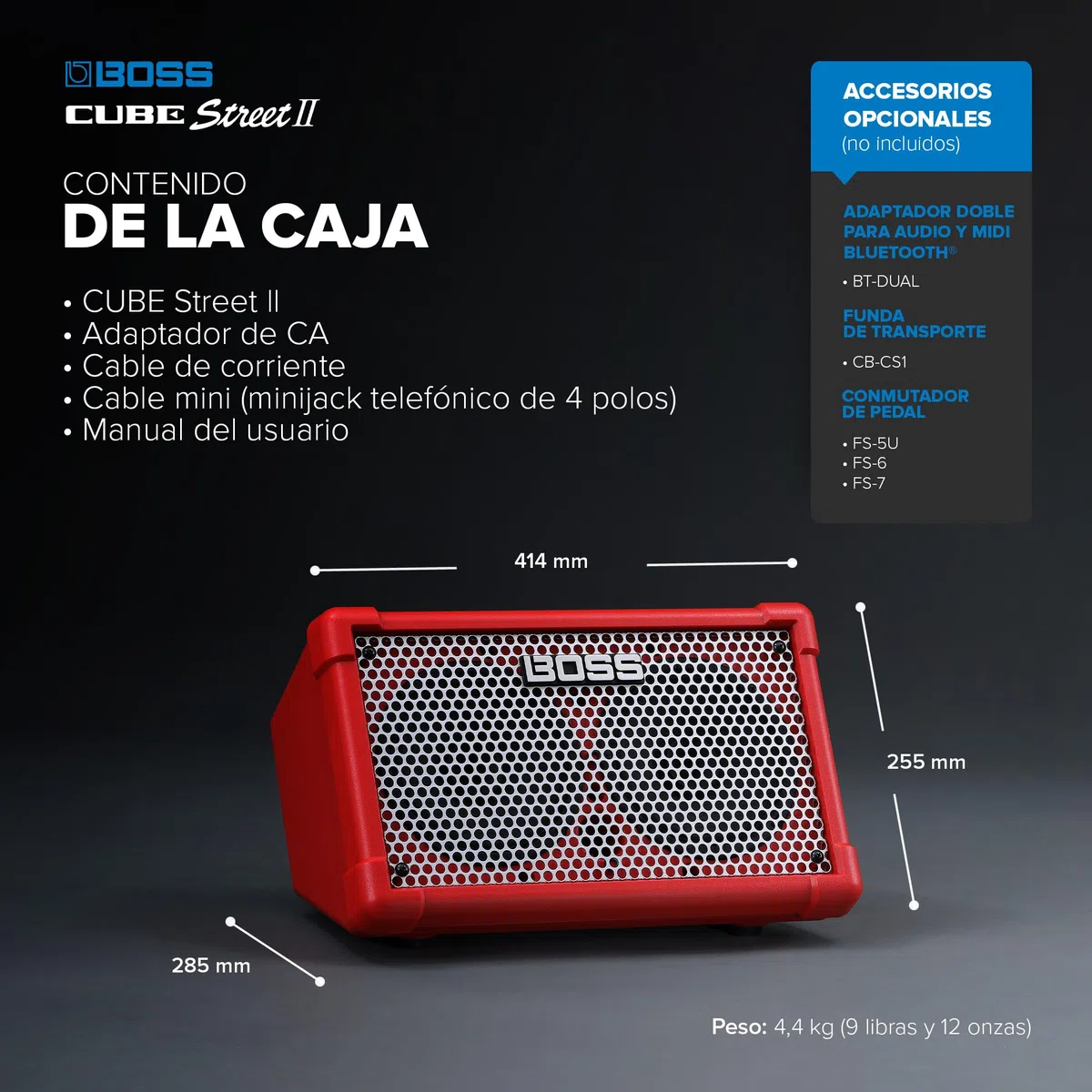 BOSS Cube Street II | Amplificador estéreo de batería portátil | Sonido Ideal para Artistas callejeros | Admite micros, Instrumentos y Dispositivos de Audio | Rojo