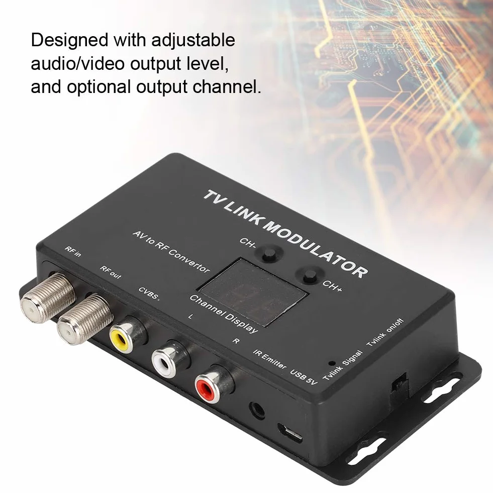 Convertidor AV a RF, Mini TV Link Modulator IR Extender, Modulador UHF con Nivel de Salida de Audio/Video Ajustable, Compatible con decodificador, Fuentes de A/V