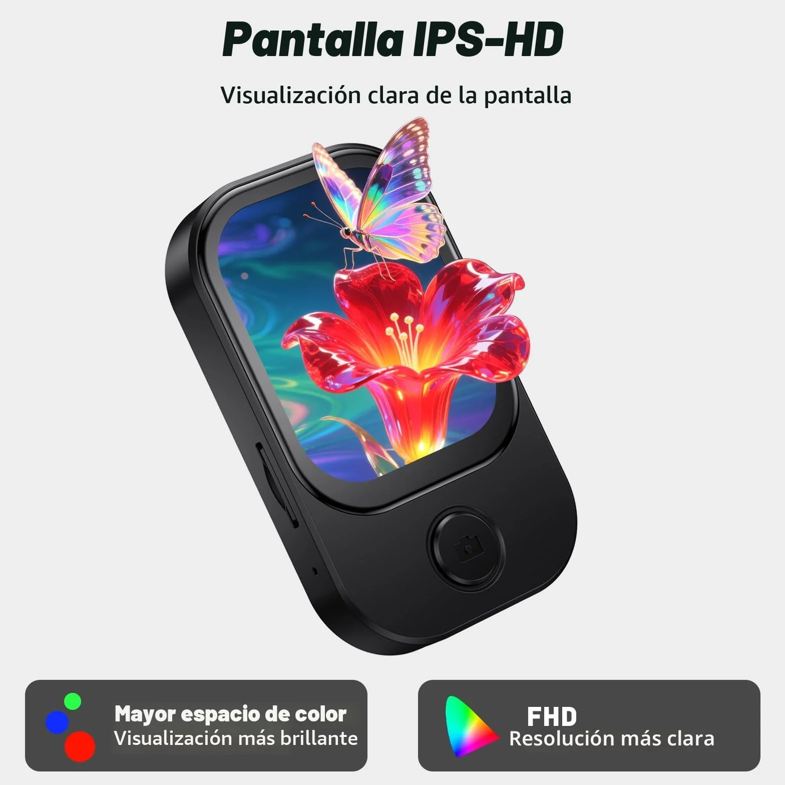 Reproductor MP3 Bluetooth 5.4 64GB Cámara Abatible 180° Altavoz HD Radio FM eBook Negro