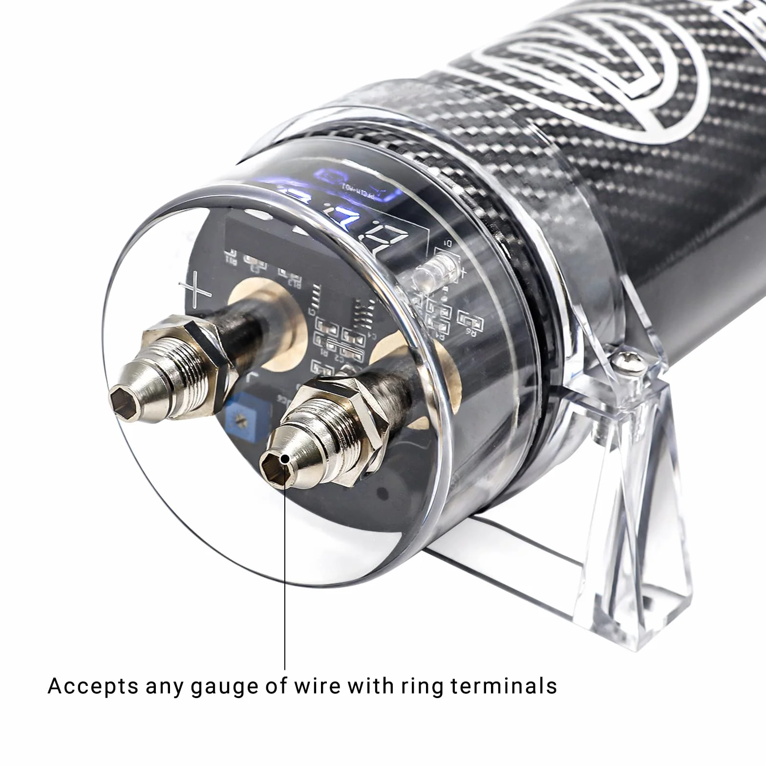 RECOIL R2D Condensador de 2.0 Faradios para Amplificador de Coche – Voltímetro Digital Azul, Almacenamiento de Energía para Sistemas de hasta 1200W