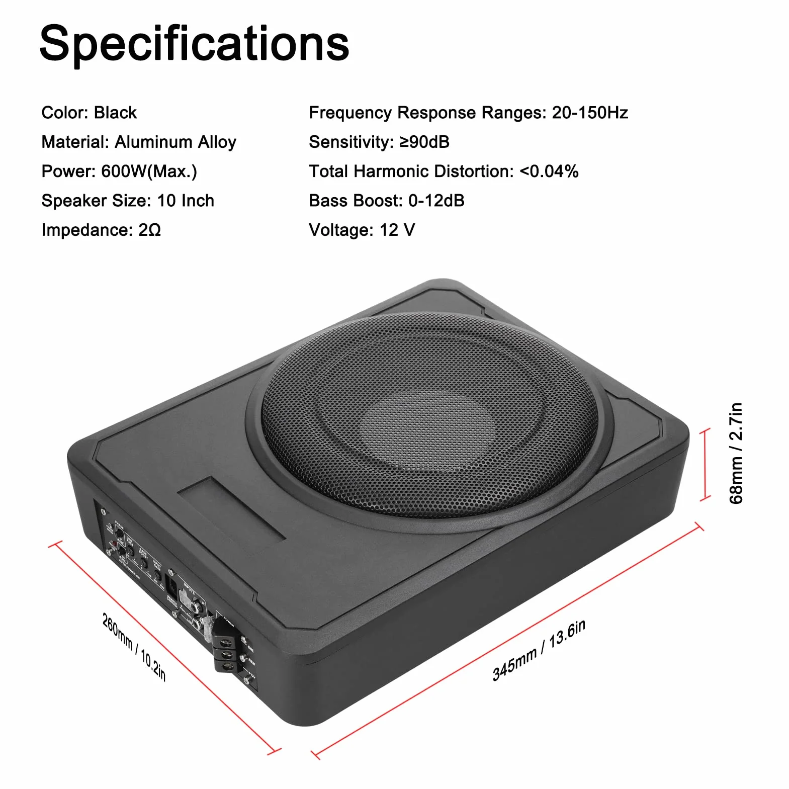 Subwoofer para Coche de 10 Pulgadas y 600W, Amplificador de Potencia bajo el Asiento de Graves Puros de Alta Potencia, Altavoz de 12 V para Coche, camión, Caravana