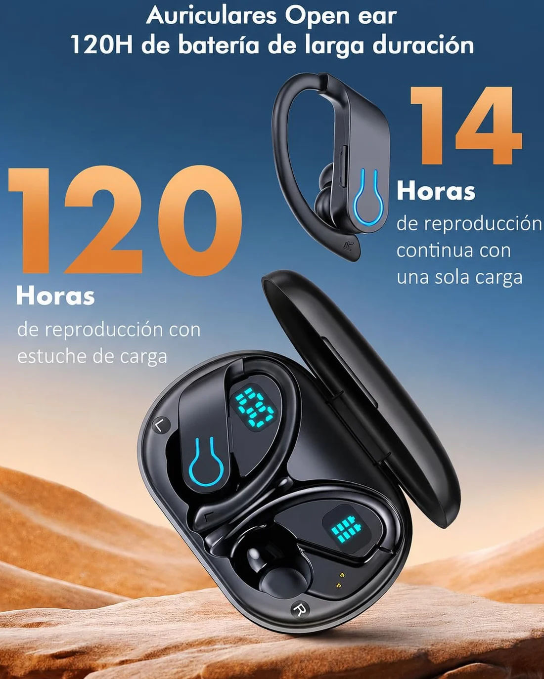 Auriculares Inalámbricos Deportivos Bluetooth 6.1 con Gancho 120H Reproducción LED IPX7 Impermeable ENC Cancelación de Ruido Cascos Running