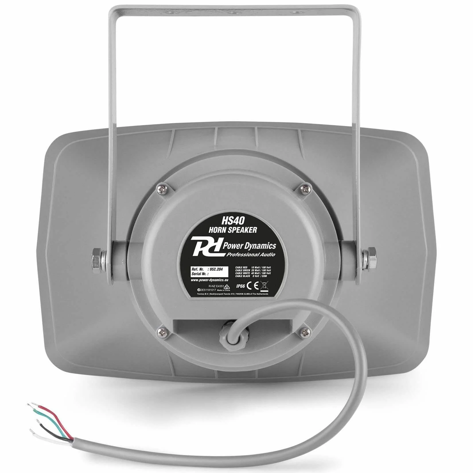 Power Dynamics HS40 - Altavoz de bocina, instalación línea 100 V, suministrado con Soporte de Montaje, Ideal para megafonía en estadios Deportivos o almacenes, 3 potencias de Salida 10W / 20W / 40W