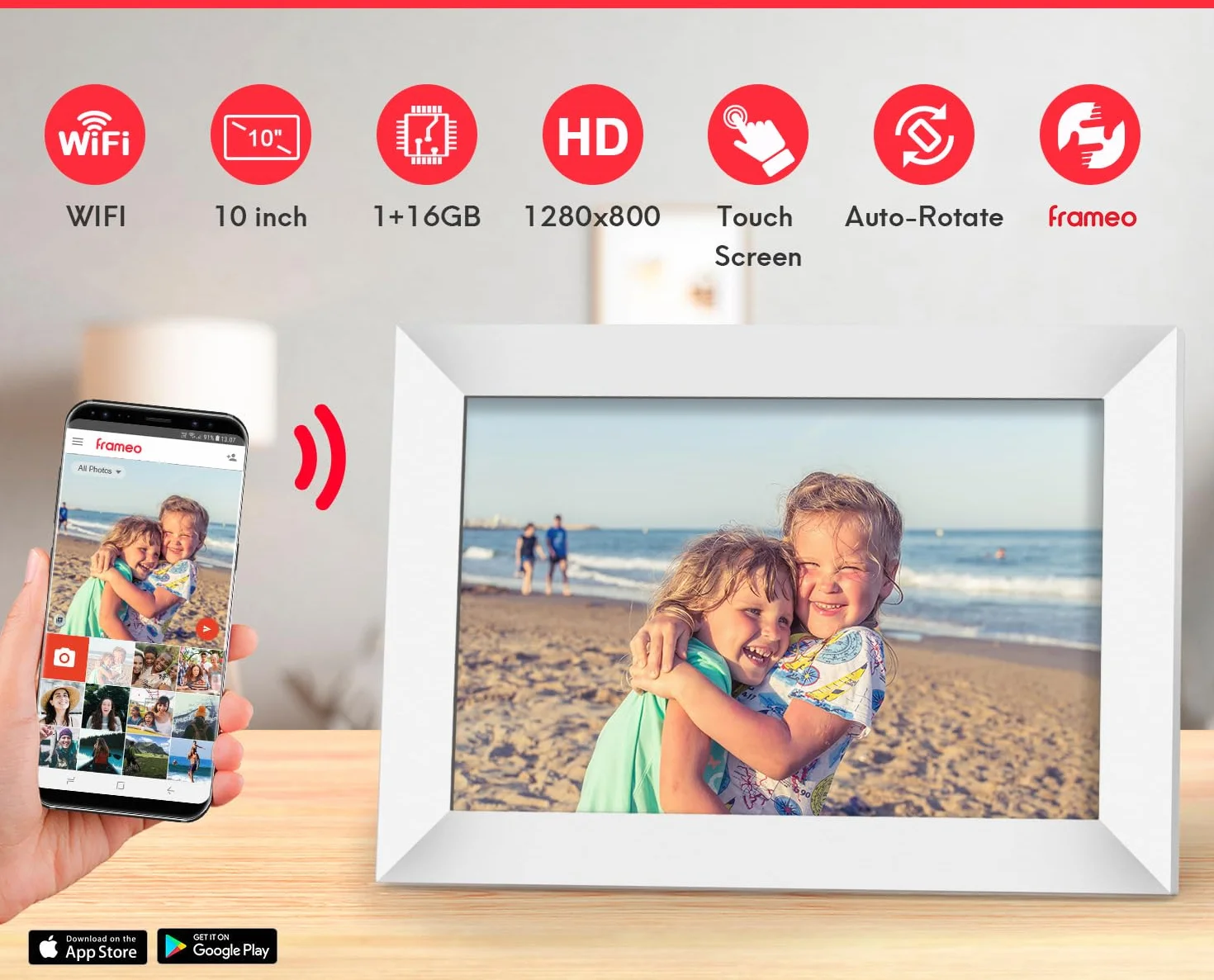 Marco de Fotos Digital WiFi, 10 Pulgadas Marco Digital Inteligente, 1280x800 Pantalla Táctil HD, con Memoria 16GB, Rotación Automática, Compartir Imágenes y Video a través de la Aplicación,Blanco