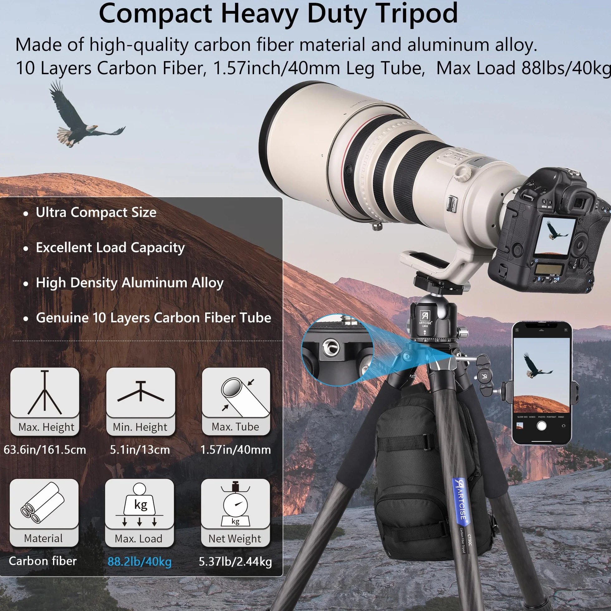 ARTCISE CT90C - Trípode compacto de fibra de carbono con bolsa de piedra para videocámara réflex digital Canon, Sony, Nikon, DSLR, carga máxima de 88 libras