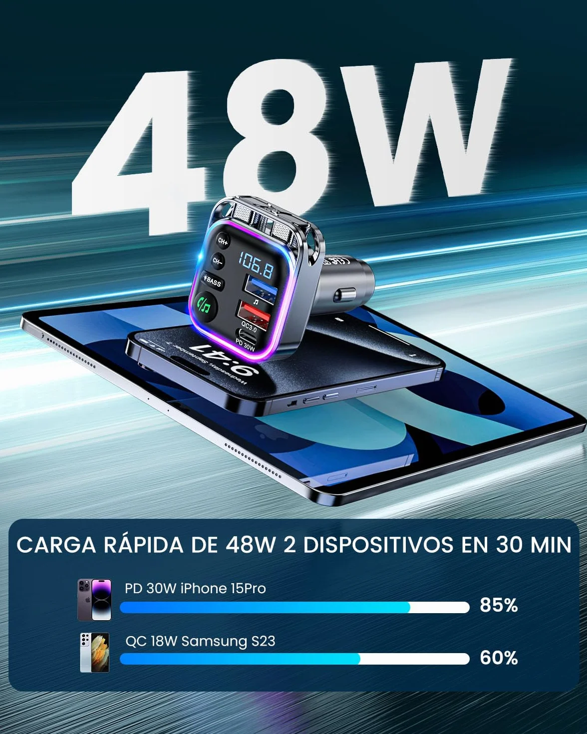 LENCENT Transmisor FM Bluetooth 5.3 Adaptador Coche Carga Rápida PD 30W QC3.0 Música Alta Fidelidad Manos Libres