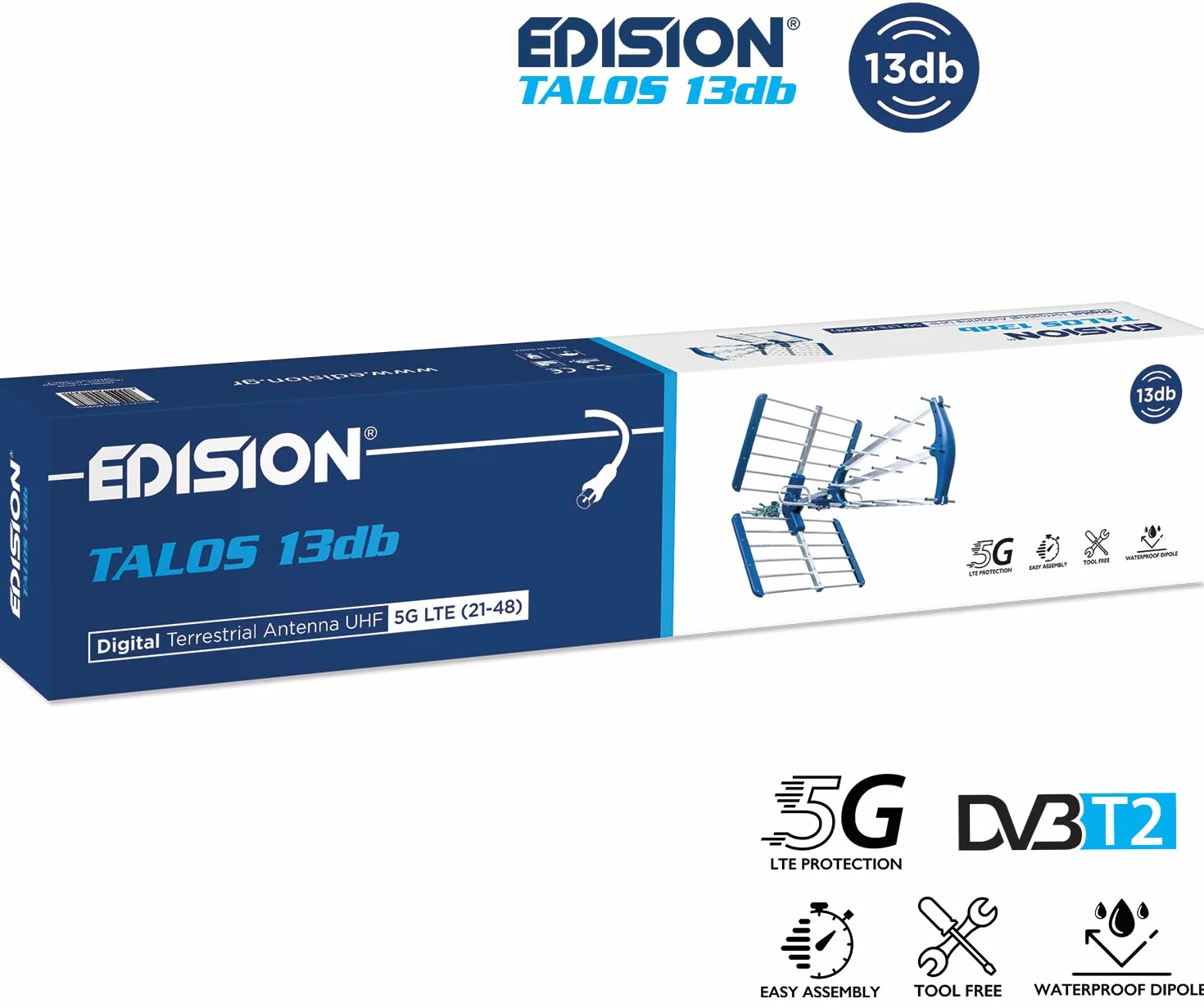 EDISION TALOS 13db Antena TDT UHF 21-48 Exterior Digital Terrestre con Filtro LTE 5G 470-694Mhz 101cm LTE700