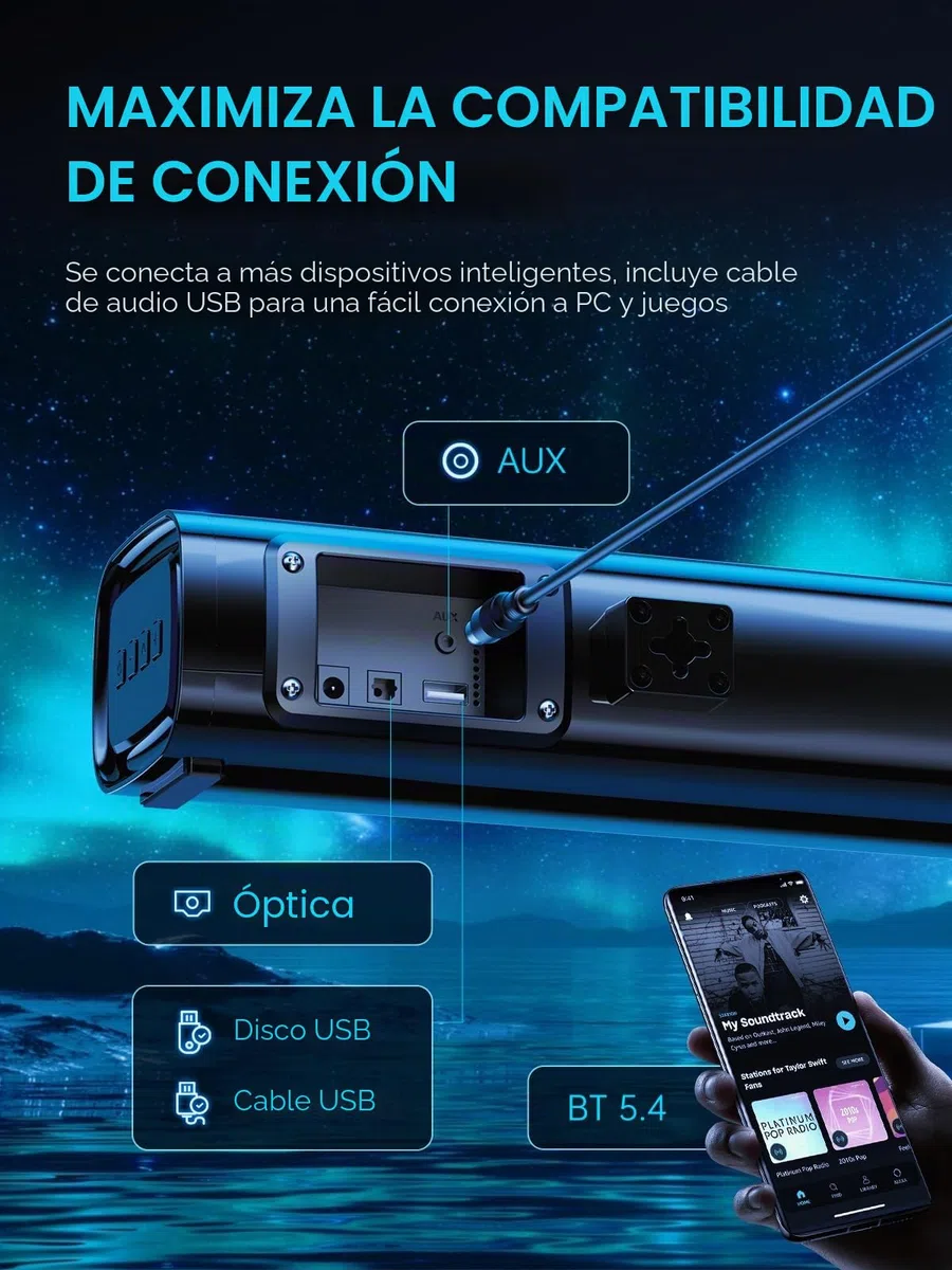 Barra de Sonido para Dispositivos de TV, PC, Gaming Mini 60 W, 2,1 Canales, Altavoz de subwoofer Integrado, Ordenador con USB Digital Audio/BT5.4/óptico/AUX Voice Enhance 3 EQ, Compatible con