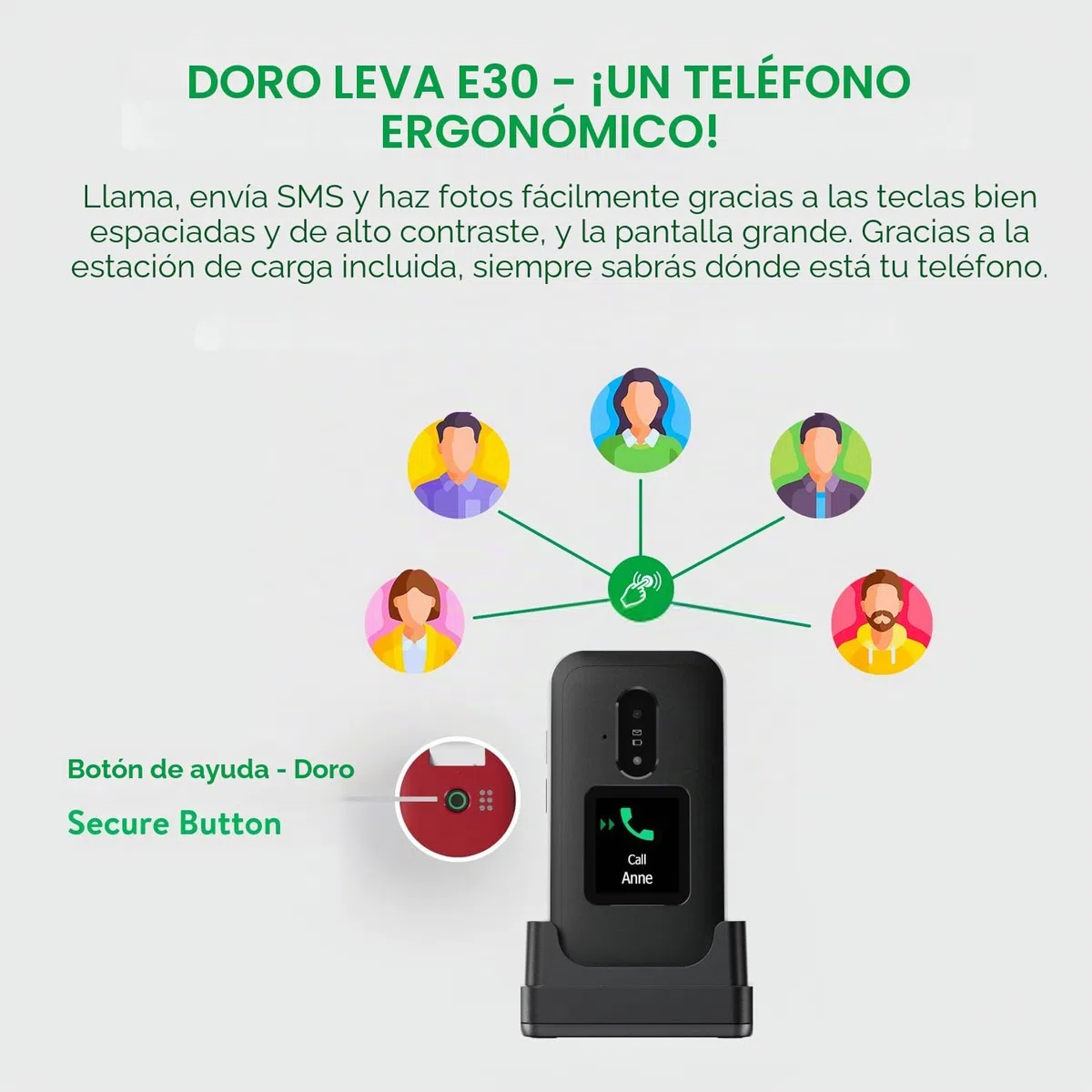 Doro Leva E30 Teléfono Móvil para Mayores 4G, Fácil de Usar, Pantalla 2.8" + Pantalla Externa, Teclas Grandes, Sonido Alto y Claro, Botón SOS, Cámara, Base de Carga, Libre