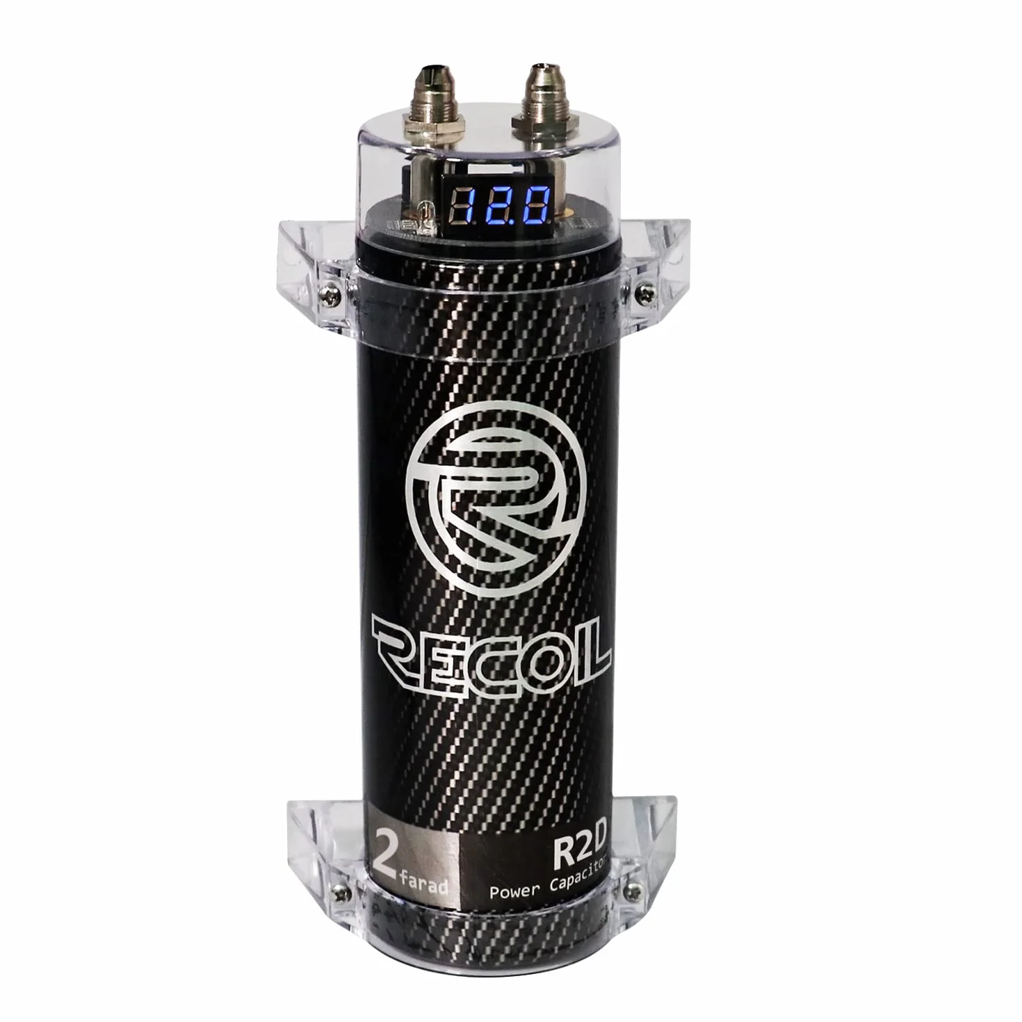 RECOIL R2D Condensador de 2.0 Faradios para Amplificador de Coche – Voltímetro Digital Azul, Almacenamiento de Energía para Sistemas de hasta 1200W