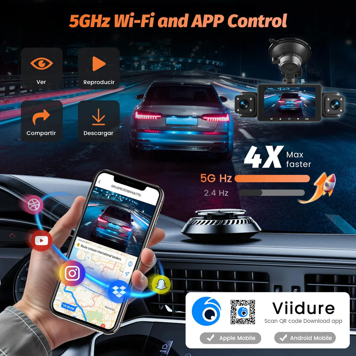 Roinvou 4K+1080P Dash CAM Coche, 5GHz WiFi Dashcam con Tarjeta SD 64GB, Camara Vigilancia Coche con 3″ IPS Pantalla, 170° Gran Angular, Grabación en Bucle, Sensor G,Visión Nocturna