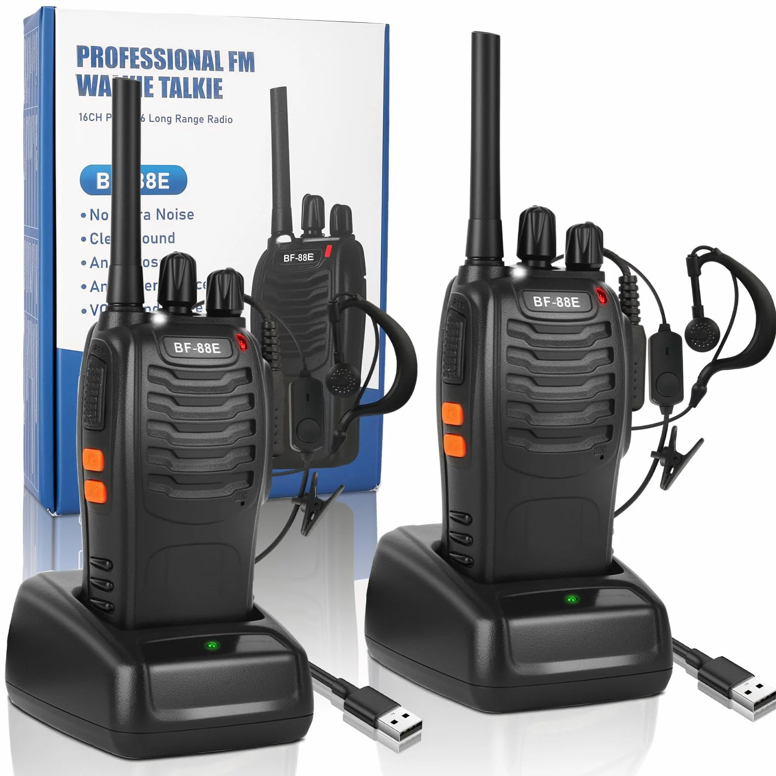 Walkie Talkie Profesionales, USB Recargables 1500mAh, 16 Canales CTCSS DCS, PMR 446 Radiocomunicación con el Auricular Incorporado Antorcha de LED, VOX - 1 Pare Negro BF-88E