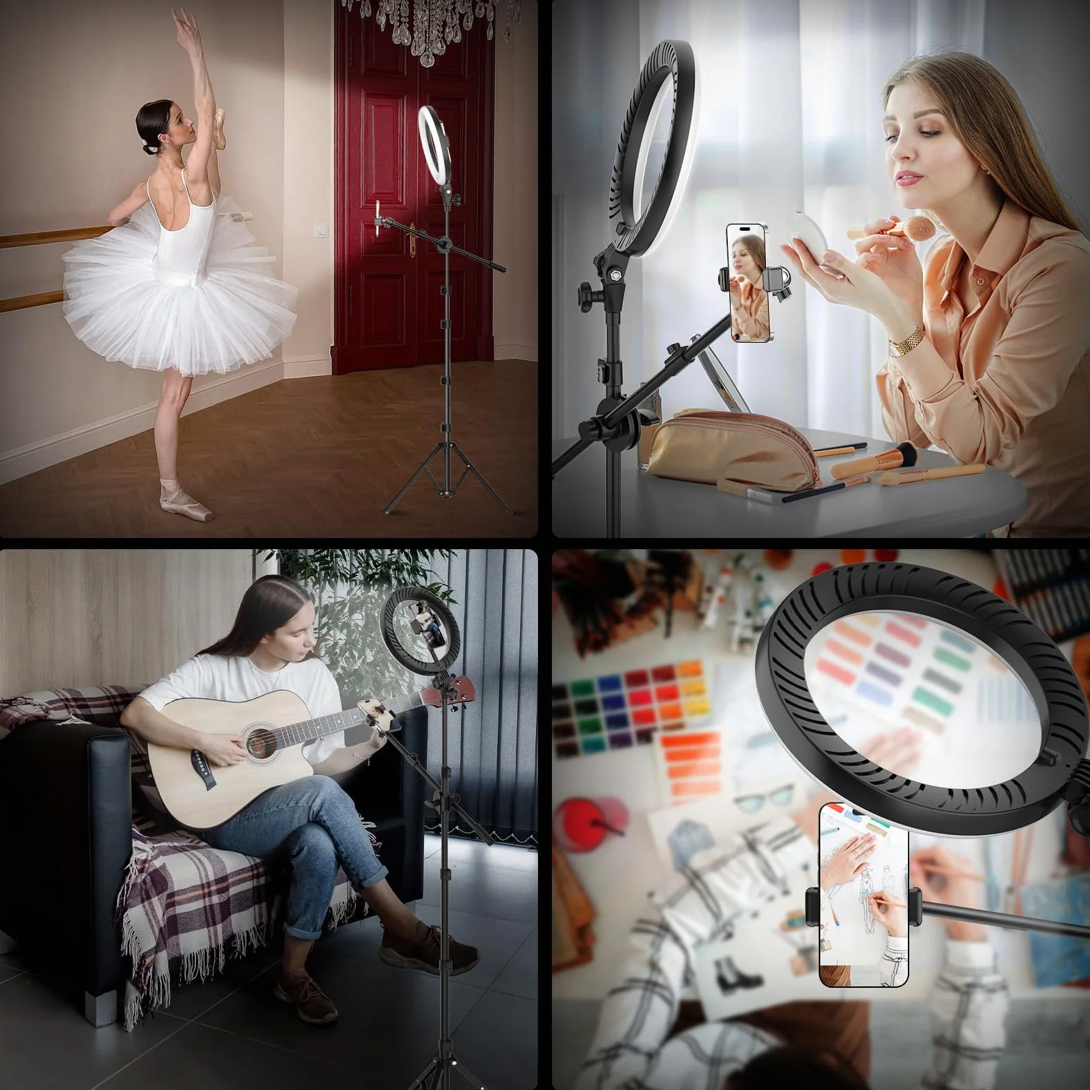 LUXSURE Aro de Luz LED 10,5” para Móvil con Trípode Ajustable, Soporte Doble 2 Smartphones con Brazo Superior para Grabación Cenital, Luz para Streaming, TikTok, Cocina, Vídeo y Fotografía con Mando