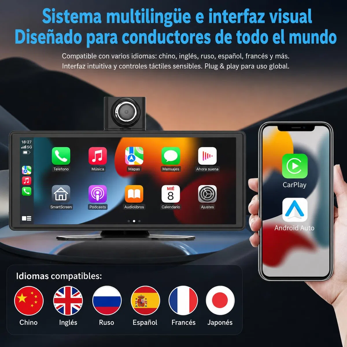 Pantalla CarPlay Coche 10,26", Pantalla Portátil para Coche con CarPlay Inalámbrico y Android Auto, Dash CAM 4K, Admite Cámara Trasera 1080P, IPS Táctil, Mirror Link, BT/FM/AUX, 64GB TF, 12V/24V