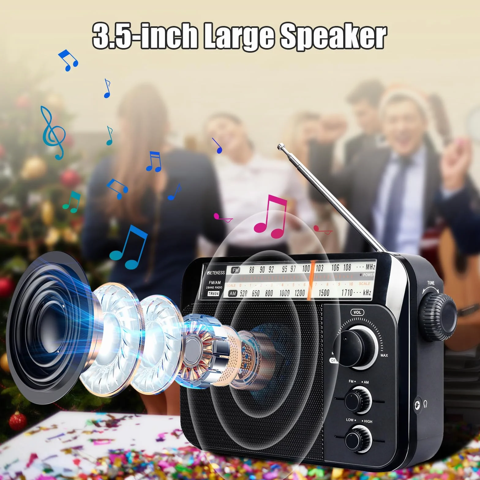 Retekess TR604 Radio portátil, Radio Am FM,Perilla Grande, Altavoz Grande,Admite Ajuste de Agudos y Graves, Fácil y Simple de Usar, Adecuado para Personas Mayores