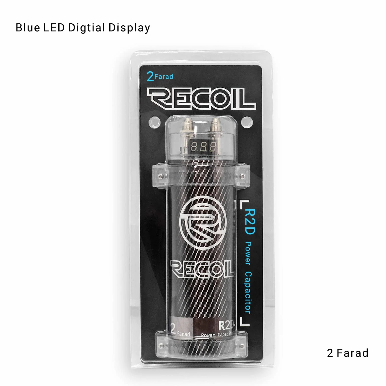 RECOIL R2D Condensador de 2.0 Faradios para Amplificador de Coche – Voltímetro Digital Azul, Almacenamiento de Energía para Sistemas de hasta 1200W