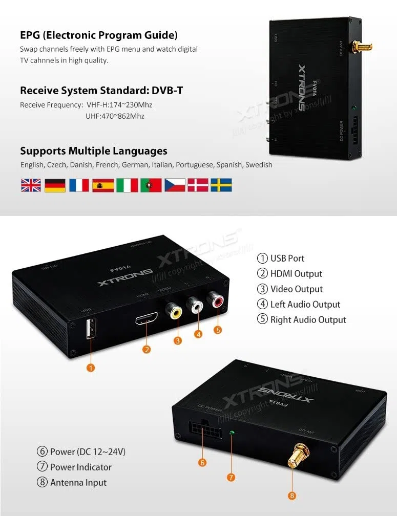 Xtrons Car Digital DVB-T / T2 Caja de TV Freeview HDMI HD USB Sintonizador de TV Receptor Estéreo del Coche Reproductor de DVD Camión Autobús Vehículos
