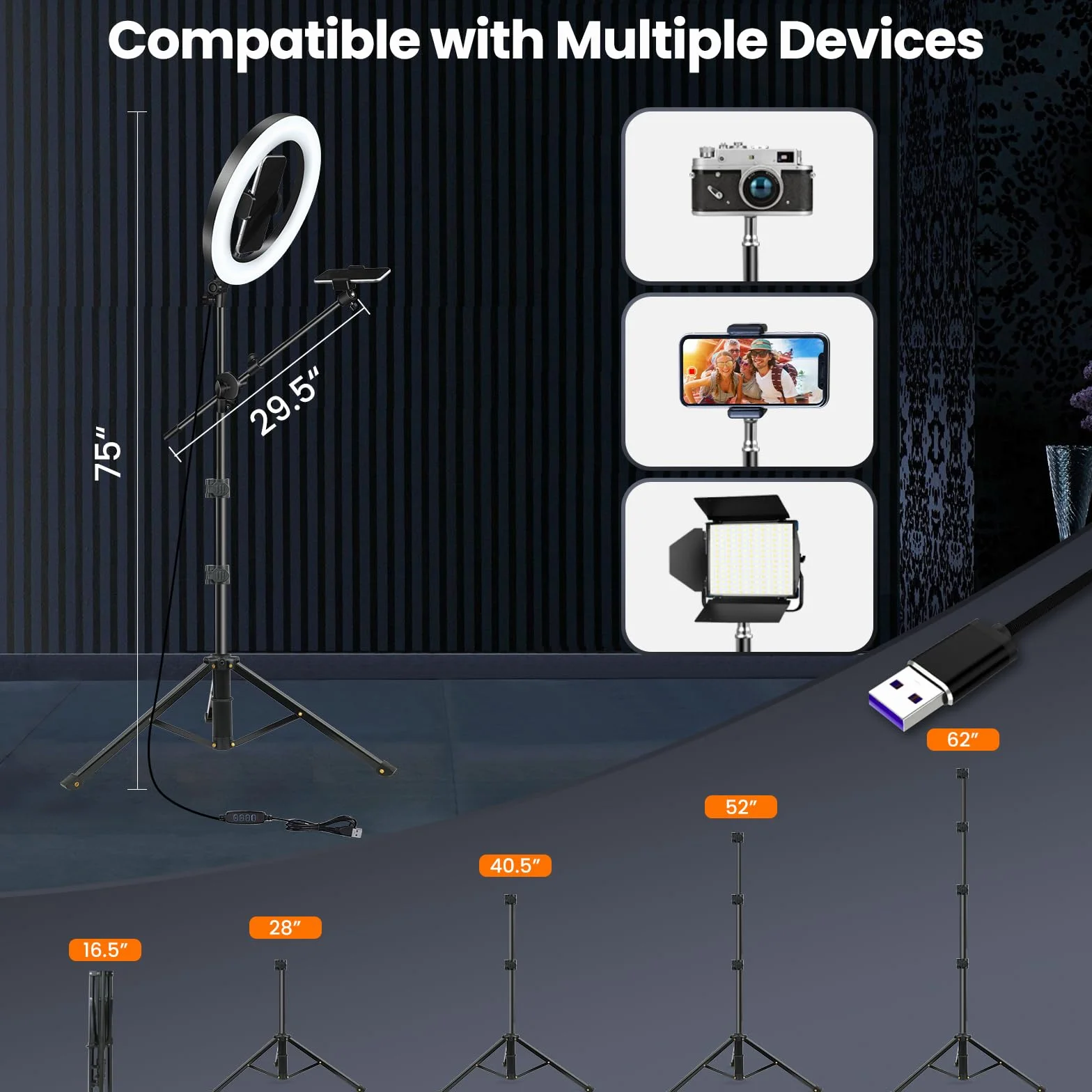 LUXSURE Aro de Luz LED 10,5” para Móvil con Trípode Ajustable, Soporte Doble 2 Smartphones con Brazo Superior para Grabación Cenital, Luz para Streaming, TikTok, Cocina, Vídeo y Fotografía con Mando