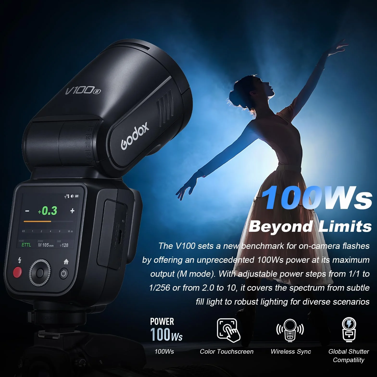 Godox V100-S V100 S Cabeza Redonda Flash de Cámara TTL Speedlite 2.4G Inalámbrico TTL Speedlight Strobe,100Ws HSS 1/8000s con Batería Li-Ion para Cámaras Sony