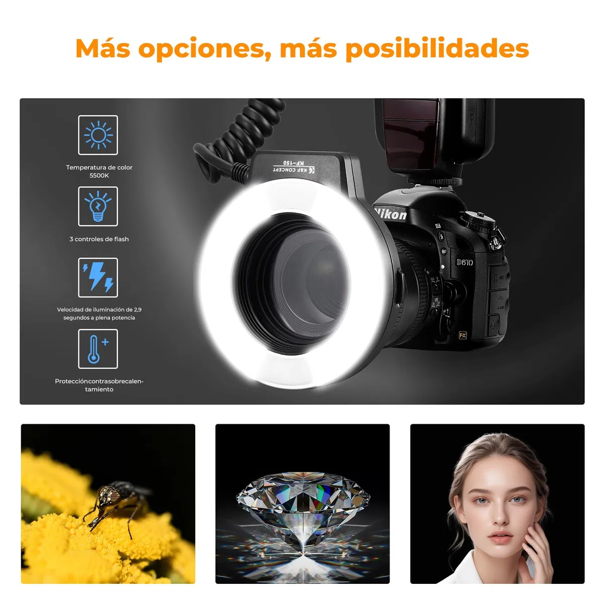 K&F CONCEPT TTL Macro Ring Flash Flash Kit, Compatible con Nikon DSLR GN 14 con Anillo Adaptador de Luz Auxiliar AF
