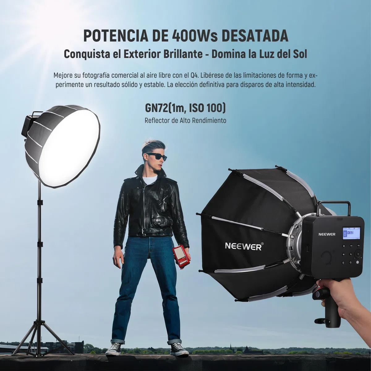 NEEWER Q4 400Ws 2.4G TTL Flash Estudio Exterior (Nuevo Diseño),Compatible con Godox, HSS 1/8000s /Batería 2800mAh / Lámpara Modelado 30W / 400 Destellos/Monoluz Strobe Opico Montura Bowens Fotografía