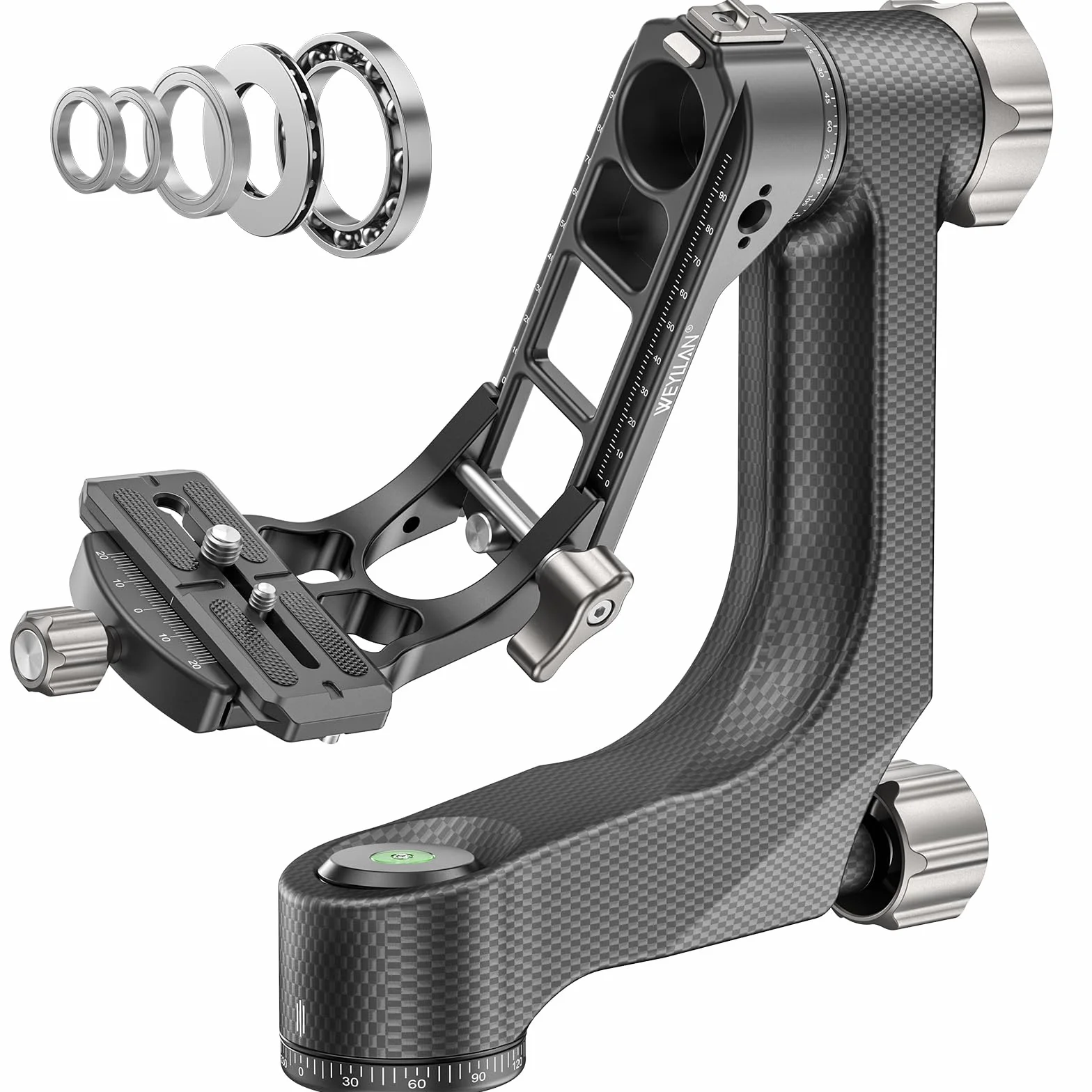 WEYLLAN Cabezal de Trípode de Cardán, Gimbal Head de 360°, Cabezal Trípode Profesional de Fibra Carbono, con Placa de Liberación Rápida Arca-Swiss de 1/4'' y 3/8'', Carga Máxima 20kg para Cámara DSLR