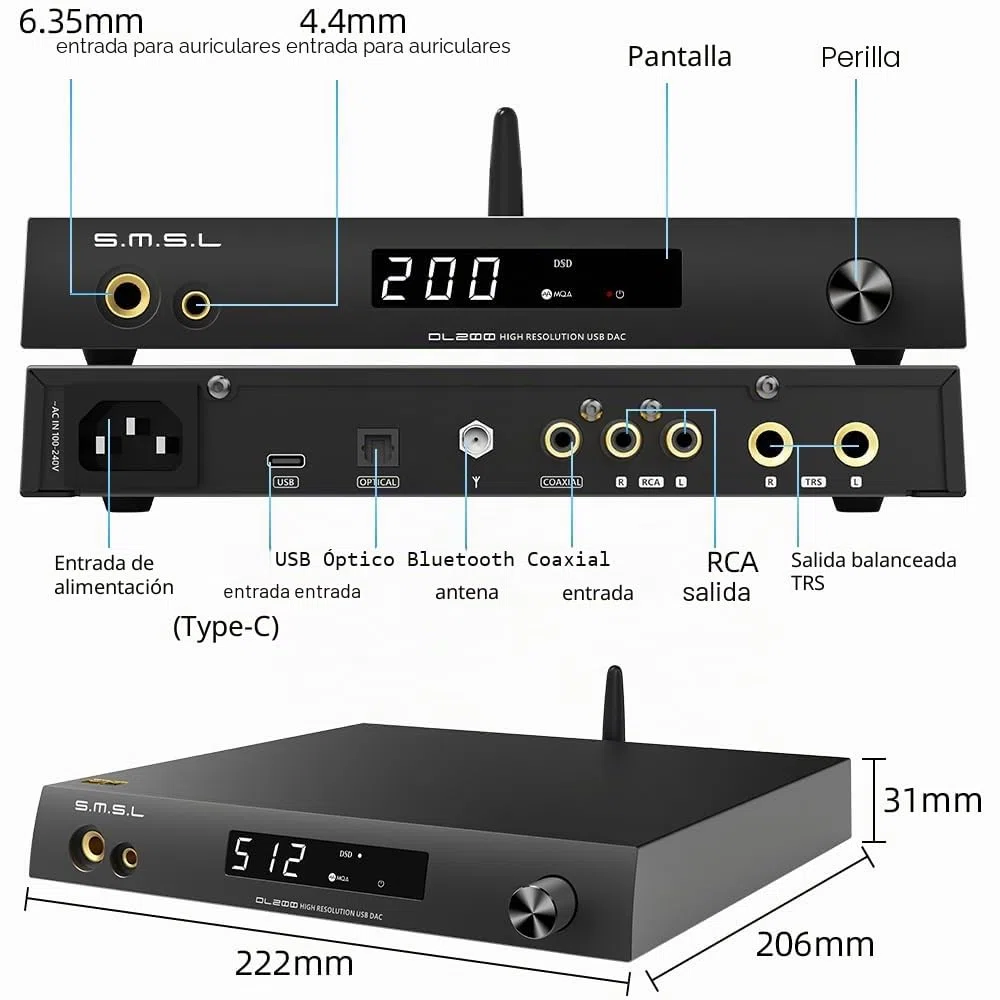 SMSL DL200 ES9039Q2M Audio DAC y HiFi Amplificador de auriculares, 6,35 mm/4,4 m/línea equilibrada TRS/RCA salida de línea de extremo único, USB 2.0/1.1, TND+N -123dB, con control remoto