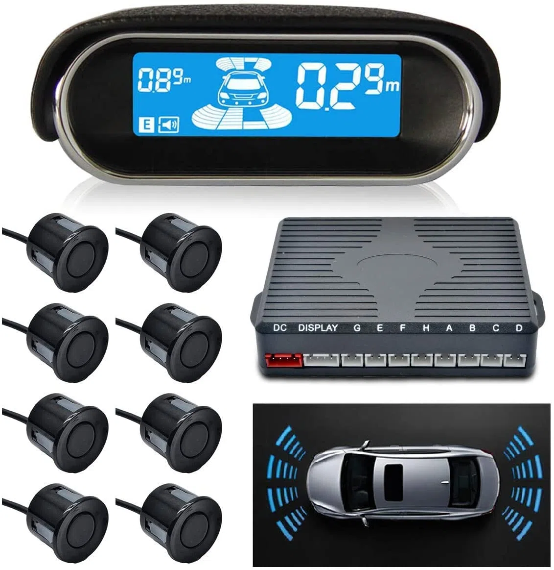 Sensor de aparcamiento para coche, KACEPAR Sistema de marcha atrás para vehículos, Kit de sensor de marcha atrás delantero y trasero, con pantalla LCD + sensores de aparcamiento