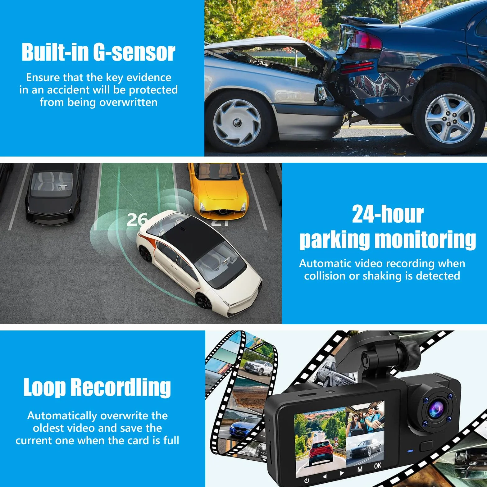Cámara para Coche 1080P con Cámaras Frontal, Trasera e Interior, Tarjeta SD de 32 GB, Vigilancia de Aparcamiento, Visión Nocturna por Infrarrojos, Sensor G y Grabación en Bucle (Versión Estándar)