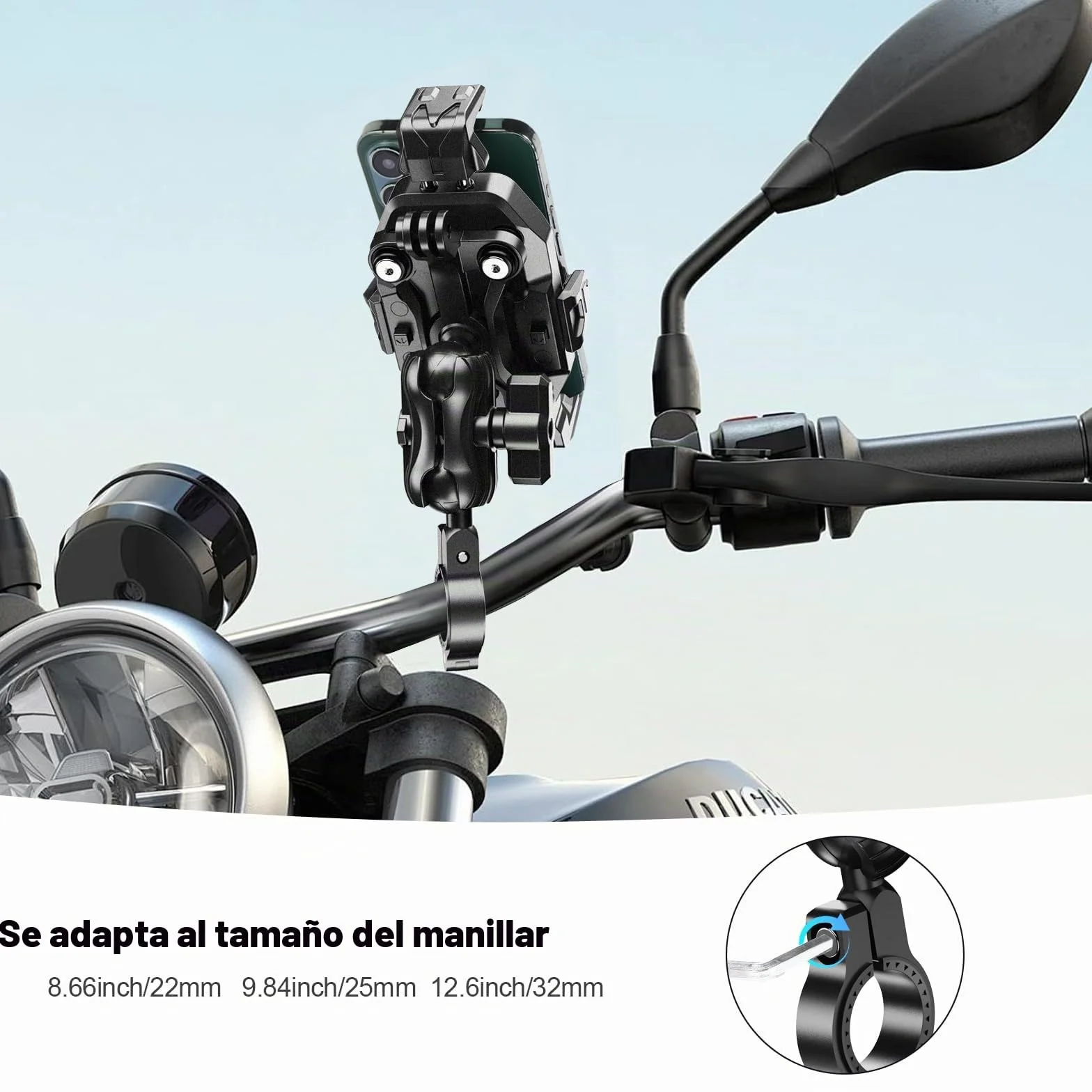 Soporte de Teléfono para Motocicleta Antivibración 4 Amortiguadores Manillar Universal 22-32 mm Ajustable 720°