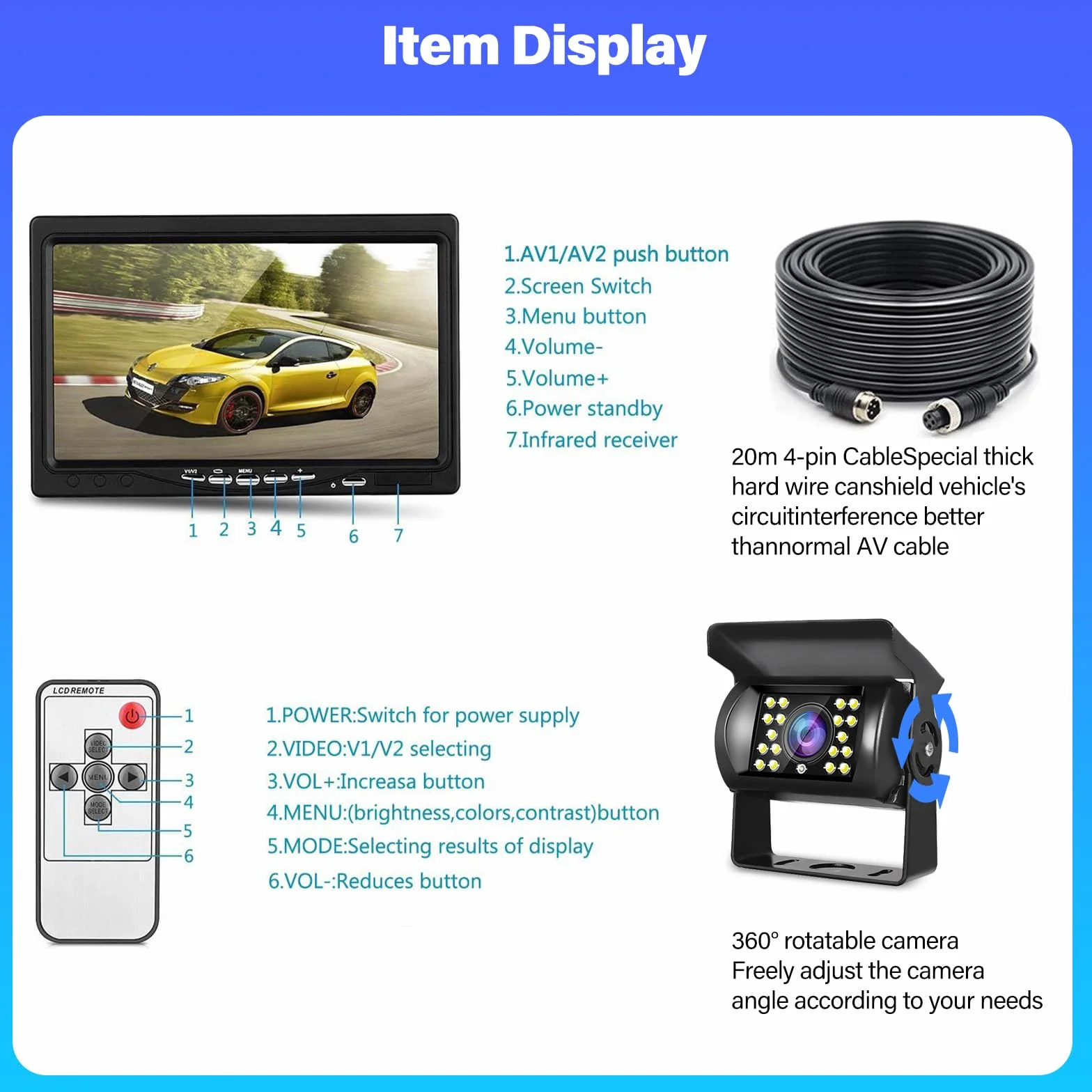 Monitor 7 Pulgadas con Camara Marcha Atras - Monitor de Coche con Soporte de cámara de Marcha atrás IP67 Impermeable 18IR visión Nocturna - 2 Cámaras retrovisoras+2 Cables para camión/autobús/Tractor