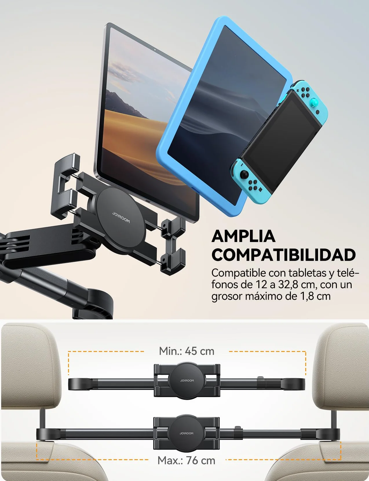 JOYROOM Soporte Tablet Coche con Fijación Bilateral – Soporte iPad Coche con Brazo Metálico para Tabletas y Smartphones de 4,7–12,9"