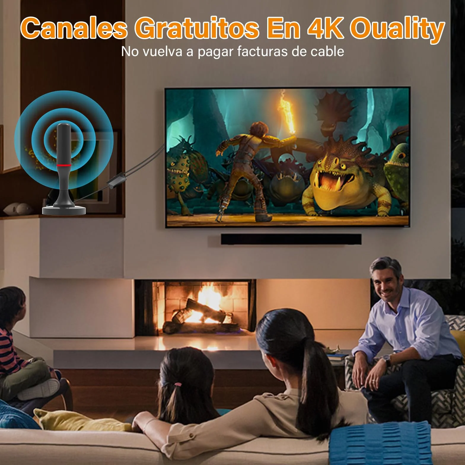 Antena TV Interior Potente con Base Magnética 500 km 360° 4K/1080p/VHF/UHF DVB-T/T2