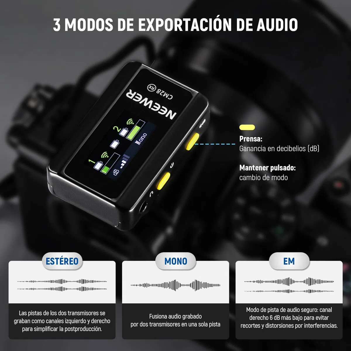 NEEWER CM28 Micrófono Lavalier Inalámbrico,Cancelación Ruido Inteligente,Grabación 48KHz/16Bit 9hrs Autonomía,Alcance 200m 4GB Almacenamiento para iPhone Android Cámara,1 RX + 2 TX + + Estuche Carga