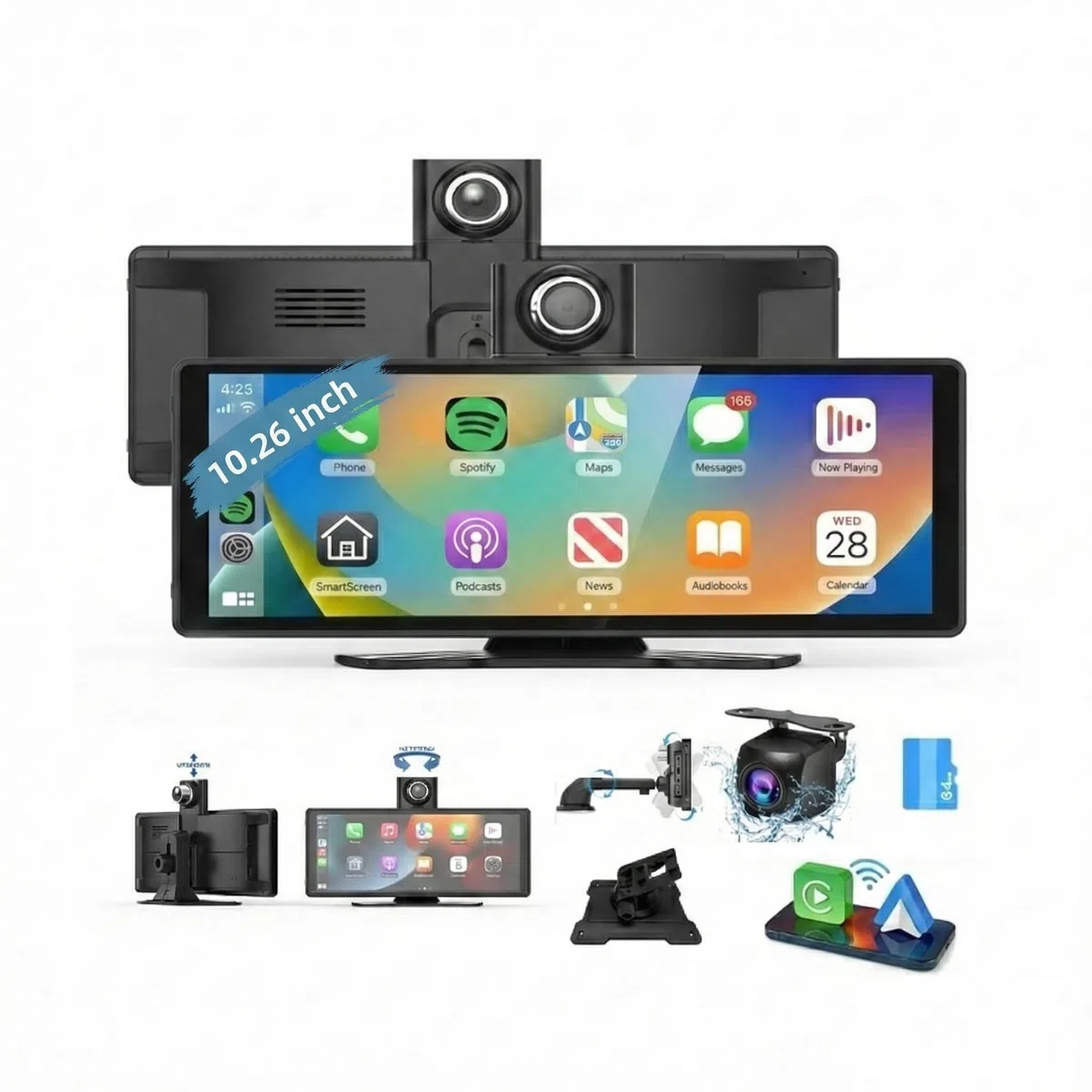 Pantalla CarPlay Coche 10,26", Pantalla Portátil para Coche con CarPlay Inalámbrico y Android Auto, Dash CAM 4K, Admite Cámara Trasera 1080P, IPS Táctil, Mirror Link, BT/FM/AUX, 64GB TF, 12V/24V