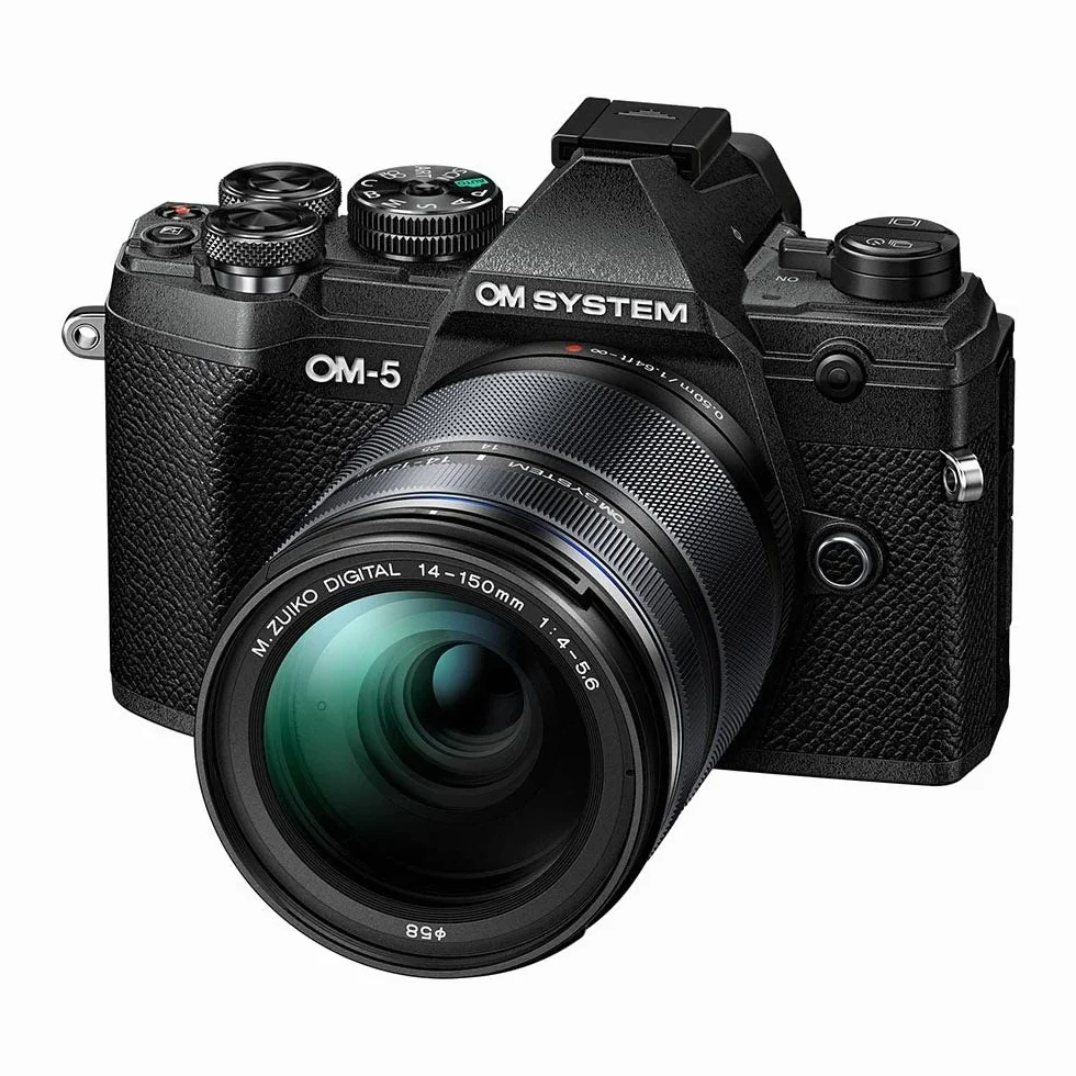 OM System OM-5 Cámara del Sistema Micro Cuatro Tercios Incl. Objetivo M.Zuiko Digital 14-150mm F4-5.6 II, 20 MP Live Mos Sensor, Estabilización de Imagen Mejorada en 5 Ejes, IP53, Negro