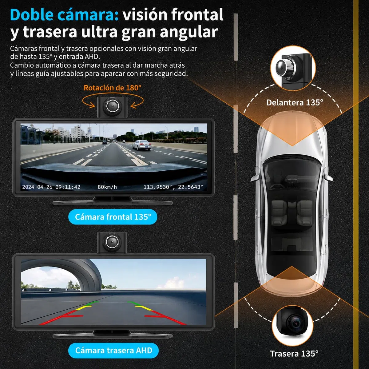 Pantalla CarPlay Coche 10,26", Pantalla Portátil para Coche con CarPlay Inalámbrico y Android Auto, Dash CAM 4K, Admite Cámara Trasera 1080P, IPS Táctil, Mirror Link, BT/FM/AUX, 64GB TF, 12V/24V
