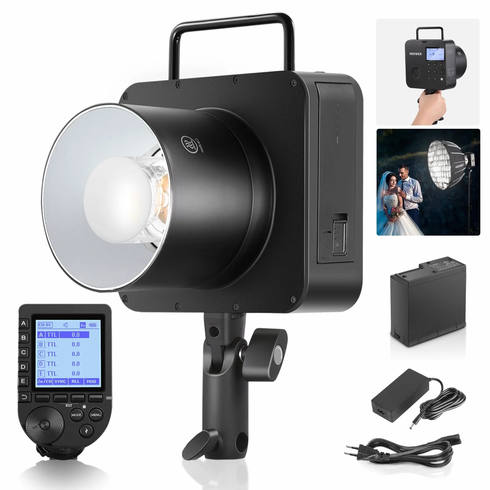 NEEWER Q4 400Ws Flash Estroboscópico 2.4G TTL Disparador QPRO-S Compatible con Sony 1/8000 HSS/Lámpara de Modelado 30W/400 Potencia Completa/Reciclaje 0.01-1.2s/Batería 21.6V 2800mAh para Fotografía