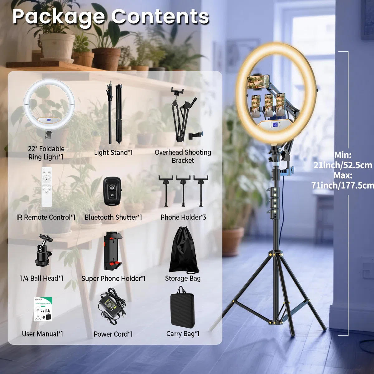 22" Anillo de luz LED Profesional con 75" Trípode,- Kit Completo para Fotografía/Streaming (Soporte Superior, Pantalla LCD, 2 USB, Control Remoto) Compatible con iPhone iPad Cámaras DSLR